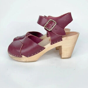 Bryr Emma Cross Toe High Heel Clogs Wine Burgundy One Buckle Peep Toe Size 36